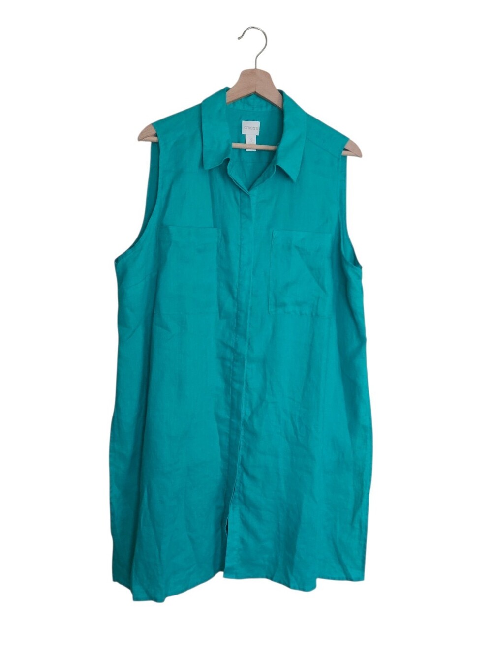 Chico's  XL Teal Color Linen Collard Shirt Dress Preppy Coastal Grandmother